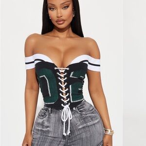 Fashion Nova Black and White Lace-Up Crop Top